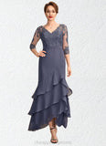 Hazel Trumpet/Mermaid V-neck Asymmetrical Chiffon Lace Mother of the Bride Dress With Sequins Cascading Ruffles STI126P0015007