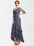 Hazel Trumpet/Mermaid V-neck Asymmetrical Chiffon Lace Mother of the Bride Dress With Sequins Cascading Ruffles STI126P0015007