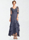 Hazel Trumpet/Mermaid V-neck Asymmetrical Chiffon Lace Mother of the Bride Dress With Sequins Cascading Ruffles STI126P0015007