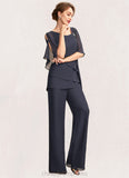 Jackie Jumpsuit/Pantsuit V-neck Floor-Length Chiffon Mother of the Bride Dress With Beading Sequins Cascading Ruffles STI126P0015011