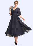 Paisley A-Line V-neck Tea-Length Chiffon Mother of the Bride Dress With Pleated STI126P0015012