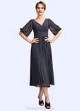 Paisley A-Line V-neck Tea-Length Chiffon Mother of the Bride Dress With Pleated STI126P0015012