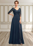 Ava A-Line V-neck Floor-Length Chiffon Lace Mother of the Bride Dress With Sequins Split Front STI126P0015014