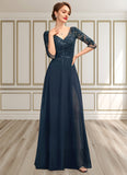 Ava A-Line V-neck Floor-Length Chiffon Lace Mother of the Bride Dress With Sequins Split Front STI126P0015014