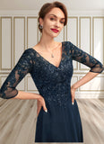 Ava A-Line V-neck Floor-Length Chiffon Lace Mother of the Bride Dress With Sequins Split Front STI126P0015014