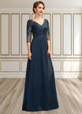 Ava A-Line V-neck Floor-Length Chiffon Lace Mother of the Bride Dress With Sequins Split Front STI126P0015014