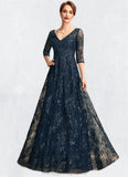 Gia A-Line V-neck Floor-Length Lace Mother of the Bride Dress With Sequins STI126P0015015