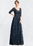 Gia A-Line V-neck Floor-Length Lace Mother of the Bride Dress With Sequins STI126P0015015