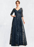 Gia A-Line V-neck Floor-Length Lace Mother of the Bride Dress With Sequins STI126P0015015