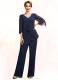 Joselyn Jumpsuit/Pantsuit V-neck Floor-Length Chiffon Mother of the Bride Dress With Cascading Ruffles STI126P0015019