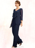 Joselyn Jumpsuit/Pantsuit V-neck Floor-Length Chiffon Mother of the Bride Dress With Cascading Ruffles STI126P0015019