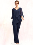 Joselyn Jumpsuit/Pantsuit V-neck Floor-Length Chiffon Mother of the Bride Dress With Cascading Ruffles STI126P0015019