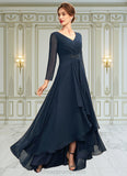 Allison A-Line V-neck Asymmetrical Chiffon Mother of the Bride Dress With Ruffle Beading Bow(s) STI126P0015021