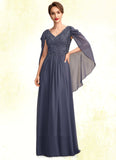 Eleanor A-Line V-neck Floor-Length Chiffon Lace Mother of the Bride Dress With Beading Sequins STI126P0015022