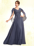 Eleanor A-Line V-neck Floor-Length Chiffon Lace Mother of the Bride Dress With Beading Sequins STI126P0015022