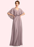 Scarlett A-Line V-neck Floor-Length Chiffon Mother of the Bride Dress With Ruffle STI126P0015026