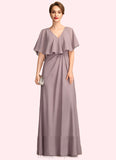 Scarlett A-Line V-neck Floor-Length Chiffon Mother of the Bride Dress With Ruffle STI126P0015026