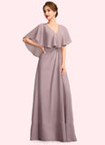 Scarlett A-Line V-neck Floor-Length Chiffon Mother of the Bride Dress With Ruffle STI126P0015026