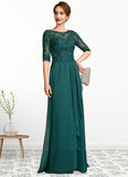 Cloe A-Line Scoop Neck Floor-Length Chiffon Lace Mother of the Bride Dress With Beading Sequins Cascading Ruffles STI126P0015027