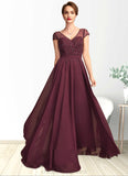 Rihanna A-Line V-neck Floor-Length Chiffon Mother of the Bride Dress With Beading Sequins STI126P0015028