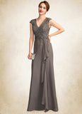 Kennedy A-Line V-neck Floor-Length Chiffon Lace Mother of the Bride Dress With Beading Sequins Cascading Ruffles STI126P0015030