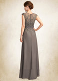 Kennedy A-Line V-neck Floor-Length Chiffon Lace Mother of the Bride Dress With Beading Sequins Cascading Ruffles STI126P0015030