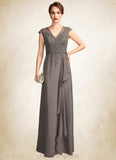 Kennedy A-Line V-neck Floor-Length Chiffon Lace Mother of the Bride Dress With Beading Sequins Cascading Ruffles STI126P0015030