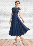 Alexia A-Line Scoop Neck Tea-Length Chiffon Lace Mother of the Bride Dress STI126P0015032