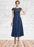 Alexia A-Line Scoop Neck Tea-Length Chiffon Lace Mother of the Bride Dress STI126P0015032