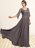 Raven A-Line Scoop Neck Floor-Length Chiffon Lace Mother of the Bride Dress With Beading Sequins STI126P0015036