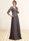 Raven A-Line Scoop Neck Floor-Length Chiffon Lace Mother of the Bride Dress With Beading Sequins STI126P0015036