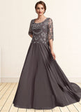 Raven A-Line Scoop Neck Floor-Length Chiffon Lace Mother of the Bride Dress With Beading Sequins STI126P0015036