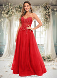 Kamila Ball-Gown/Princess V-Neck Floor-Length Tulle Prom Dresses With Sequins Appliques Lace STIP0025837