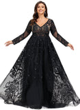 Cali Ball-Gown/Princess V-Neck Sweep Train Lace Tulle Evening Dress With Sequins STIP0020881