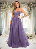 Kamila Ball-Gown/Princess V-Neck Floor-Length Tulle Prom Dresses With Sequins Appliques Lace STIP0025837