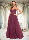 Kamila Ball-Gown/Princess V-Neck Floor-Length Tulle Prom Dresses With Sequins Appliques Lace STIP0025837