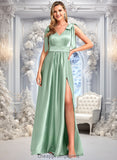 Hallie A-line V-Neck Floor-Length Stretch Satin Bridesmaid Dress With Bow STIP0025737