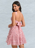 Kiersten A-line Square Mini Lace Homecoming Dress With Bow Sequins STIP0025647