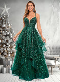 Samara Ball-Gown/Princess V-Neck Floor-Length Lace Floral Prom Dresses With Sequins STIP0025838