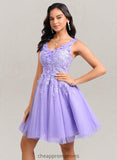 Rosalyn Ball-Gown/Princess V-Neck Short Lace Tulle Homecoming Dress With Flower STIP0025656