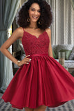 Lesley A-line V-Neck Short/Mini Lace Satin Homecoming Dress With Beading STIP0020554