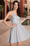 Mikayla A-line V-Neck Short/Mini Chiffon Lace Homecoming Dress With Sequins STIP0020557