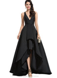 Anna A-line V-Neck Asymmetrical Satin Evening Dress STIP0020855