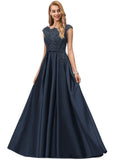 Evelin Ball-Gown/Princess Scoop Floor-Length Satin Prom Dresses With Beading Bow Sequins STIP0020874