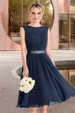 Genevieve A-line Scoop Knee-Length Chiffon Lace Homecoming Dress With Beading Bow STIP0020588