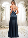 Lorna A-line V-Neck Floor-Length Stretch Satin Bridesmaid Dress STIP0025734