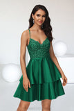 Josephine A-line V-Neck Short/Mini Lace Satin Homecoming Dress With Sequins STIP0020499