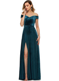 Paola A-line Off the Shoulder Floor-Length Velvet Evening Dress With Pleated STIP0020913