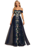 Aubrey Sheath/Column Off the Shoulder Floor-Length Lace Tulle Evening Dress STIP0020945