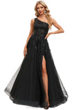 Barbara A-line One Shoulder Floor-Length Lace Tulle Prom Dresses With Sequins STIP0020842